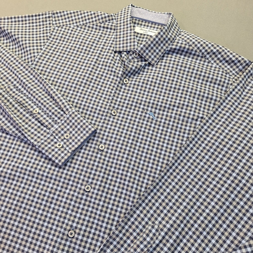 Tommy Bahama IslandZone Mens Large Blue Grey Gingham Pima Cotton Blend Shirt